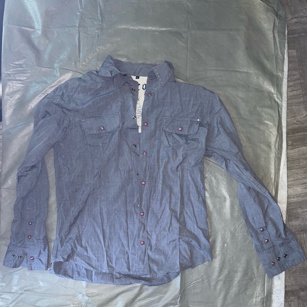 Blue button up men's, pink jewel buttons